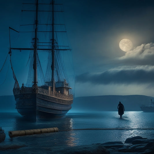 A haunting, moonlit ocean scene with a worn, 19th-century wooden ship in the background, a lone, shackled leg extending out of the cargo hold, and a faint, ghostly figure in the foreground.