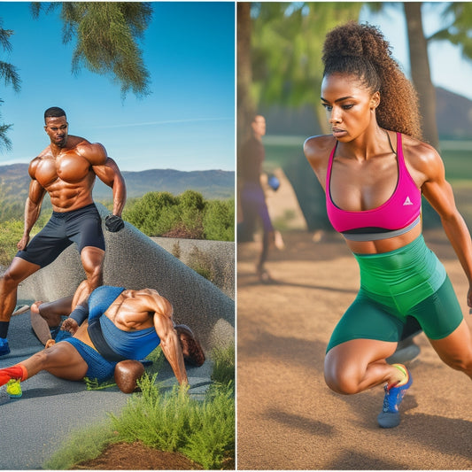 A dynamic fitness scene featuring diverse athletes wearing vibrant, moisture-wicking clothing. Capture intense movement, sweat beads, and breathable fabric textures against a backdrop of an outdoor gym with greenery and bright sunlight.