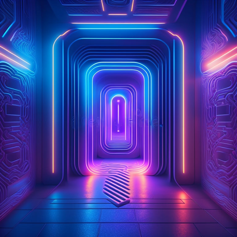 A stylized, futuristic illustration of a maze with glowing, neon pathways leading to a bright, shining door with a subtle, gradient effect, surrounded by subtle, swirling mist.