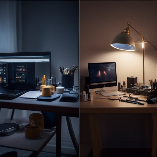 A split-screen image: a cluttered, dimly lit makeup station with scattered products and papers, contrasted with a sleek, modern digital workspace with a laptop and organized digital files.