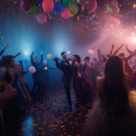 A vibrant, dimly lit dance floor with confetti and balloons, surrounded by dancers in costume, performing a choreographed routine with props, amidst a backdrop of colorful streamers and twinkling lights.