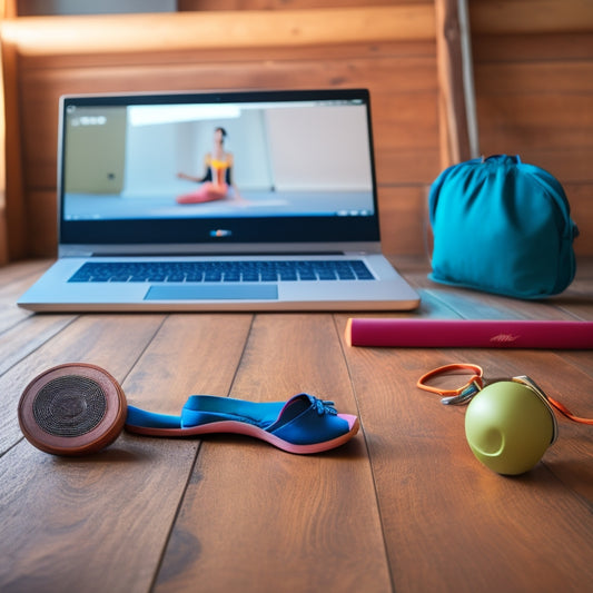 A laptop on a wooden floor, surrounded by dance shoes and a yoga mat, with a ballet barre in the background, and a pair of headphones hanging from the laptop screen.