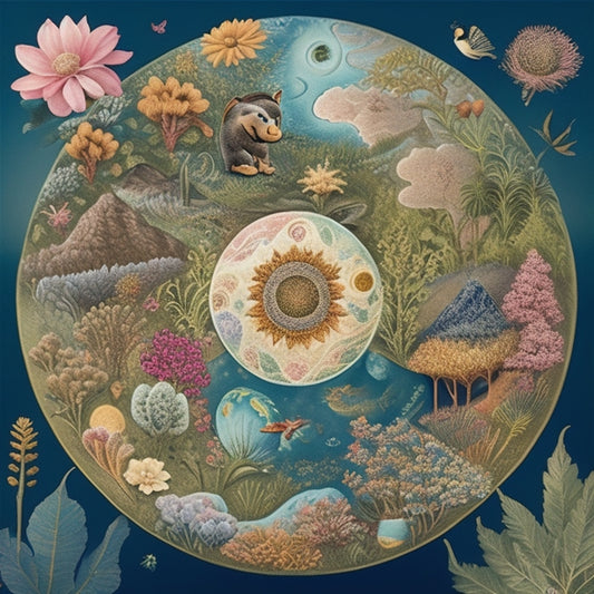 A whimsical, hand-drawn illustration featuring a whimsical, anthropomorphized earth surrounded by diverse, vibrant flora and fauna, with subtle, swirling patterns evoking movement and energy.