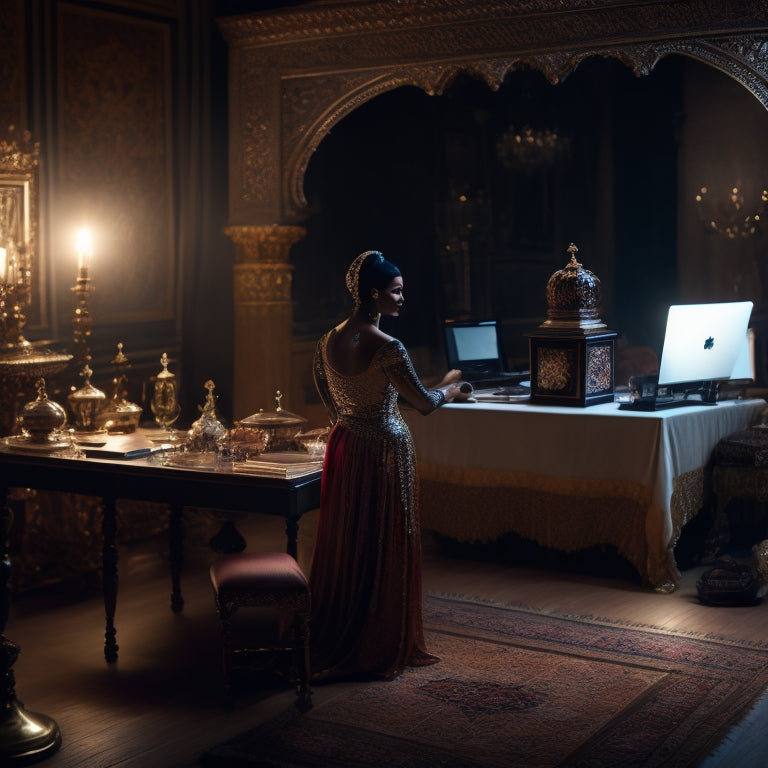 A serene, dimly lit room with a large, ornate mirror, a few Middle Eastern-inspired props, and a laptop open on a low table, with a dancer's hips and arms blurred in motion in the background.