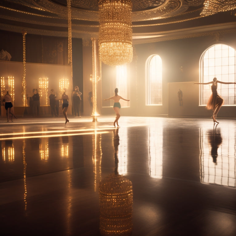 A golden-lit dance studio with a lone figure, spotlight shining down, surrounded by mirrors, with a few scattered dance shoes and a subtle glittering aura radiating from their movements.