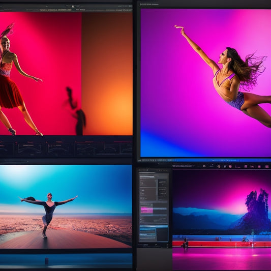 A split-screen image featuring a dancer in mid-air on one side, surrounded by editing screens and software interfaces on the other, with colorful timelines and waveforms blurred in the background.