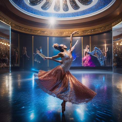 A vibrant, swirling dance studio with mirrored walls and a polished wooden floor, spotlight shining down on Ashlee, a dynamic dancer in mid-pirouette, surrounded by glittering costume fragments.