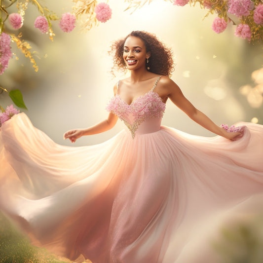 A whimsical illustration of a confident young woman dancing in a flowing, pastel pink dress, surrounded by swirling ribbons and flowers, with a soft, golden light illuminating her joyful expression.