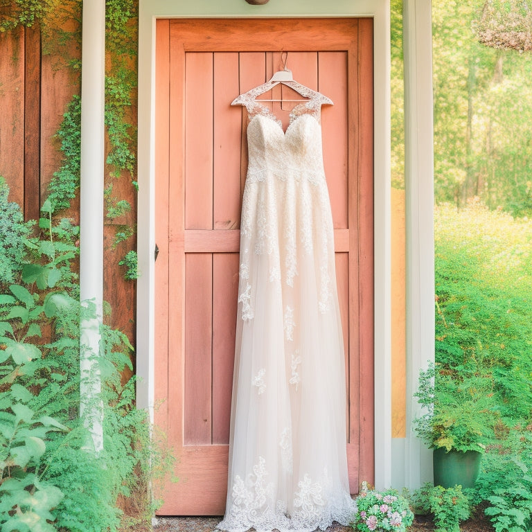 A serene, pastel-hued wedding scene: a delicate, lace-trimmed wedding dress hangs from a rustic wooden door, surrounded by lush greenery, flowers, and a few scattered wedding invitations.