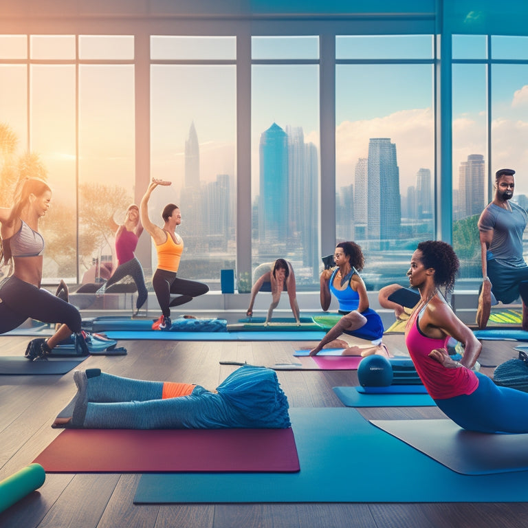 A vibrant, bright, and airy illustration depicting a diverse group of people exercising together in a virtual fitness studio, surrounded by laptops, yoga mats, and fitness equipment, with subtle cityscape or nature backgrounds.