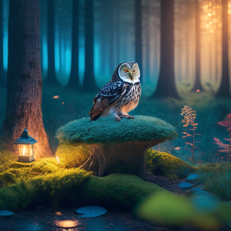 A serene forest scene at dusk with a subtle mist, featuring a wise owl perched on a mushroom, surrounded by fireflies and a faint, shimmering aura of sound waves emanating from various hidden animals.