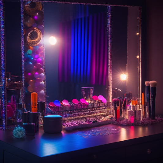 A glamorous, dimly lit makeup station with various colorful products, brushes, and mirrors, surrounded by dancing silhouettes, spotlights, and confetti, evoking a sense of excitement and creativity.