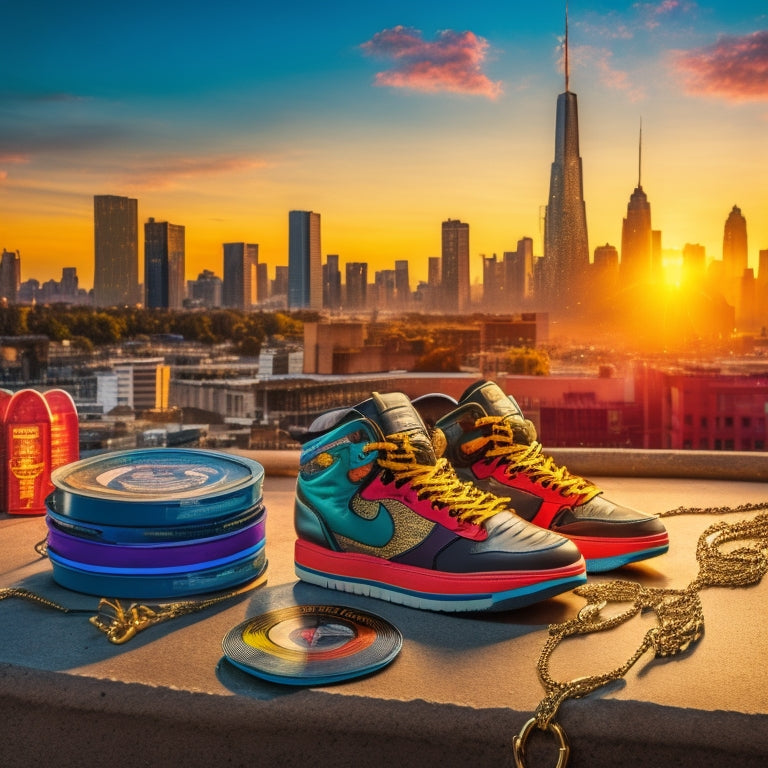 A vibrant urban scene featuring iconic hip hop shoes displayed on a graffiti-covered wall, surrounded by colorful spray paint cans, vinyl records, and gold chains, all set against a dynamic city skyline at sunset.