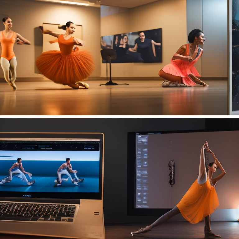 A split-screen image featuring a laptop with a dance tutorial playing on the screen, alongside a person in a dance studio, surrounded by mirrors and ballet bars, with dance shoes and a music player nearby.