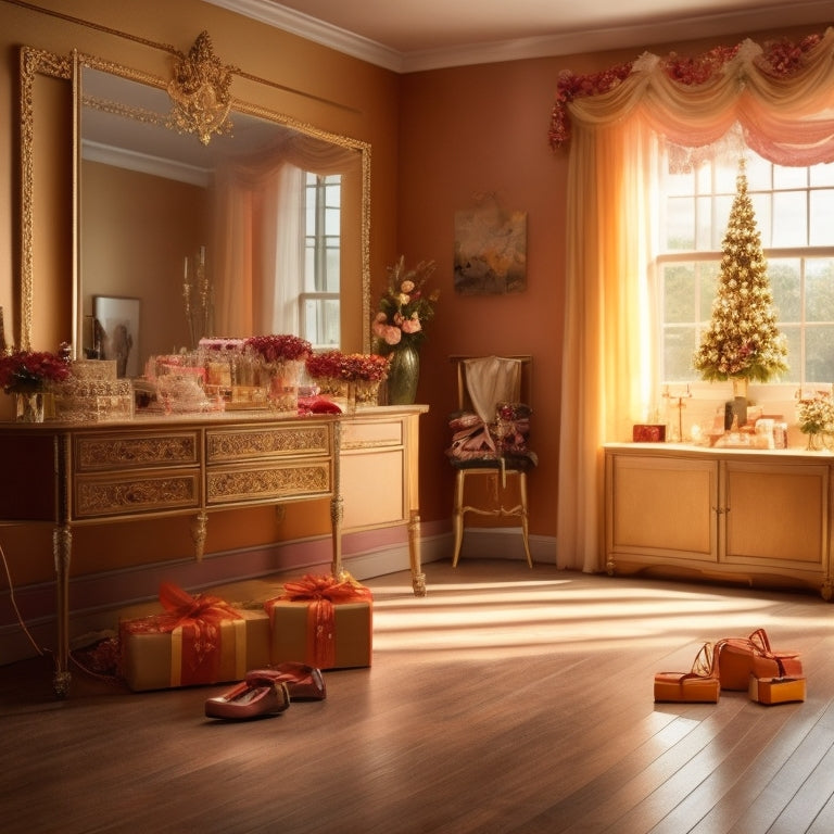 A warm, golden-lit dance studio with ballet bars, mirrors, and a wooden floor, featuring a collection of dance-themed gifts, including a tutu, pointe shoes, and a dance bag, surrounded by flowers and ribbons.