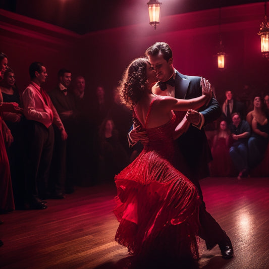 A dimly lit, crowded milonga scene: couples in close embrace, legs intertwined, surrounding a central dancer in a flowy red dress, her foot extended in a dramatic gancho, spotlight shining down.