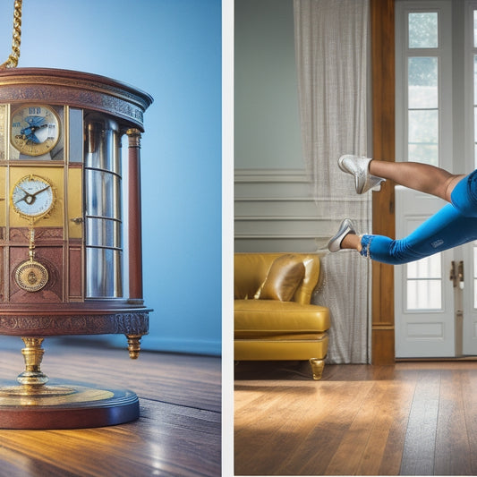 A split-screen image featuring a tap dancer in mid-air, one foot tapping a shiny wooden floorboard, while the other foot is suspended in air, alongside a stylized illustration of a clock's inner mechanisms.