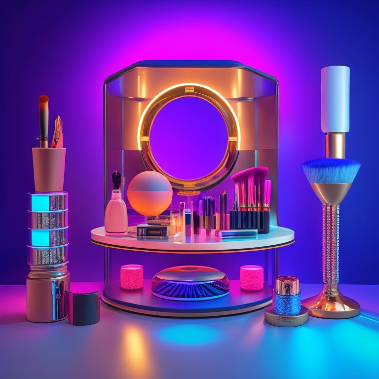 A stylized, futuristic makeup station with a mirror, lights, and digital tablets displaying color palettes and 3D model faces, surrounded by dance-inspired makeup brushes and cosmetic tools.