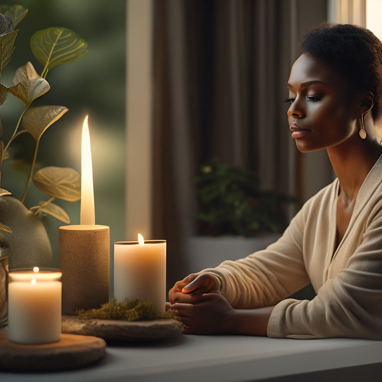 A serene illustration of a person, surrounded by calming elements like candles, plants, and a peaceful background, stretching gently, with a subtle warm glow on their lower back.