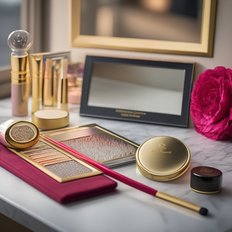 A certificate with a golden seal and a red ribbon, surrounded by makeup brushes, eyeshadow palettes, and a compact mirror, on a sleek, modern desk with a subtle beauty-themed wallpaper.