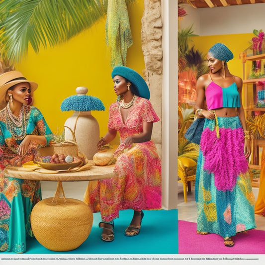 A vibrant online shopping scene, featuring diverse women browsing colorful bomba skirts on various websites, surrounded by tropical decor, palm leaves, and bright textiles, evoking a lively, inviting atmosphere of fashion exploration.