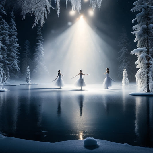 A darkened theater with a spotlight shining on a frozen lake-inspired stage, surrounded by snowflakes and twinkling lights, with ballet dancers in winter attire posing in dramatic, frozen movements.