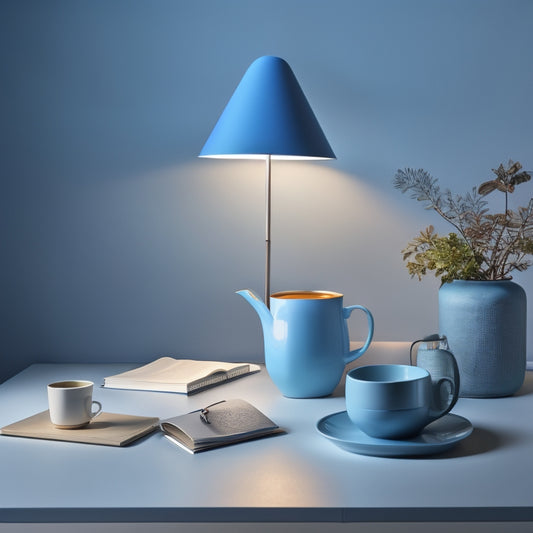 A serene, minimalist workspace with a desk lamp, a few scattered leaves, a calm-colored planner, and a steaming cup of tea, set against a soft, gradient blue background.