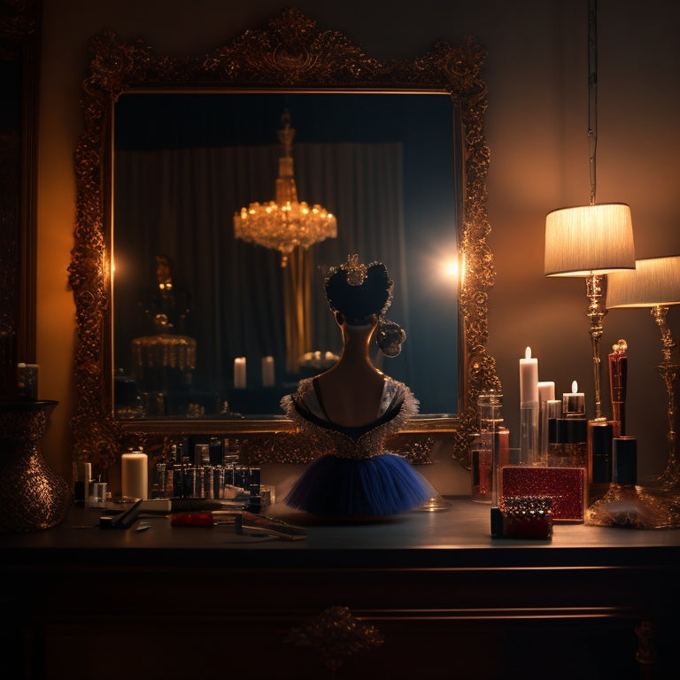 A dimly lit, velvety black background with a solitary, ornate, antique-style mirror reflecting a blurred, faceless dancer in a tutu, surrounded by scattered makeup brushes and products.