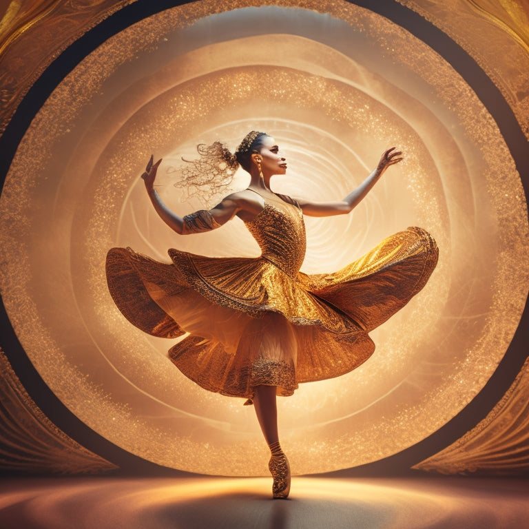 A whimsical illustration featuring a dancer in mid-motion, surrounded by swirling patterns of music notes, dance steps, and choreographed movements, set against a warm, golden-lit background with subtle shadows.