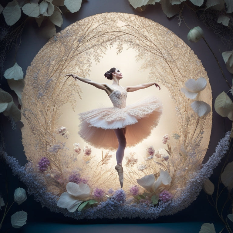 A delicate, lace-like papercut design of a ballet dancer in mid-pirouette, surrounded by swirling, intricate cutouts of flowers, leaves, and vines, in soft, pastel hues.