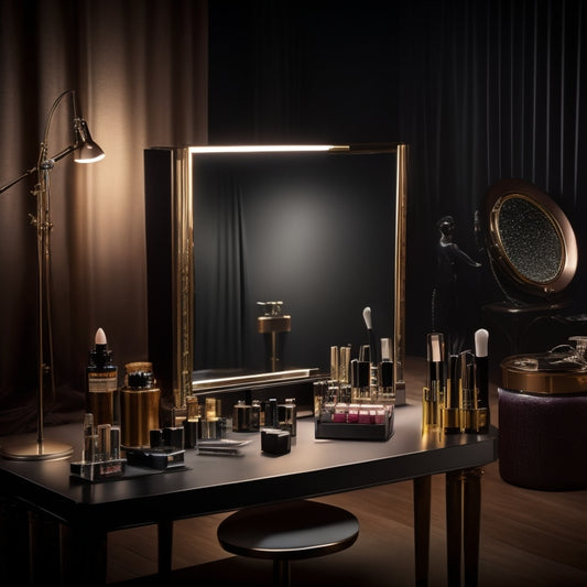 A glamorous, dimly-lit dance studio backdrop with a vanity table center-stage, featuring an assortment of makeup products, brushes, and a mirror reflecting a flawless, stage-ready dancer's face.