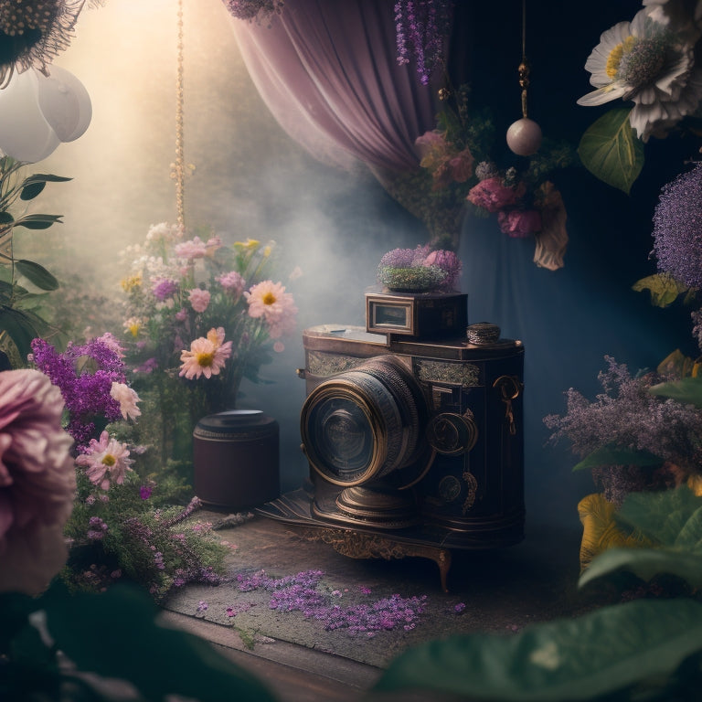 A dreamlike atmosphere with swirling mist, vibrant flowers, and antique cameras suspended in mid-air, surrounded by kaleidoscopic patterns and fragmented mirrors reflecting shards of light.