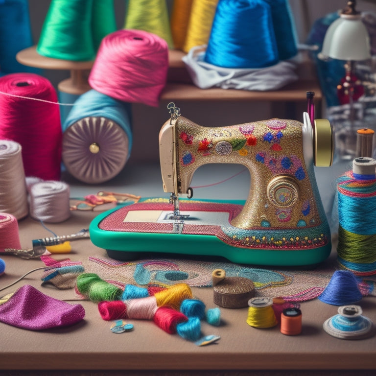 A whimsical illustration featuring a sewing machine surrounded by colorful threads, fabrics, and half-finished embroidery projects, with a subtle hint of confetti and champagne bottles in the background.