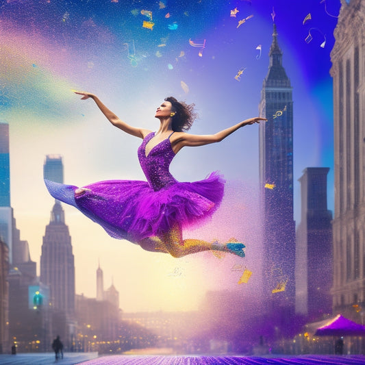 A vibrant, dynamic illustration of a dancer in mid-air, surrounded by swirling music notes, spotlights, and confetti, with a subtle cityscape or dance studio background, conveying energy and freedom.