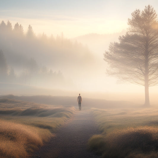 A serene, misty landscape with a lone figure in the distance, arms outstretched, surrounded by radiant light, as puzzle pieces fall into place, symbolizing self-discovery and empowerment.