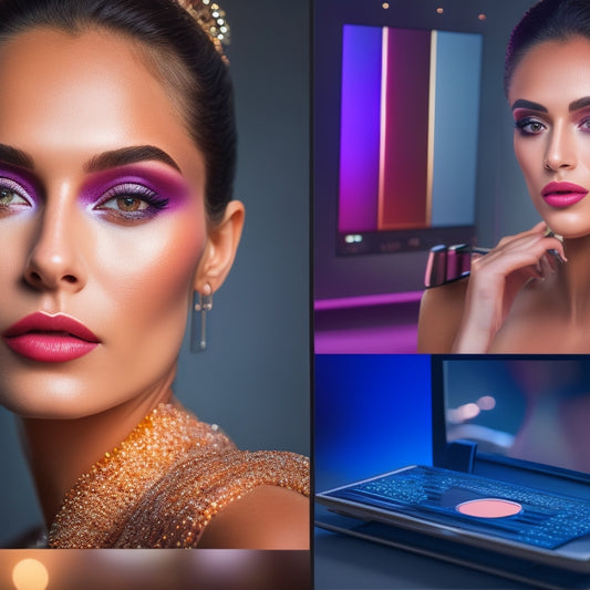 A split-screen image featuring a close-up of a dancer's face with a tablet or laptop screen reflected on their face, alongside a beauty station with makeup brushes and products, with a subtle dance studio background.