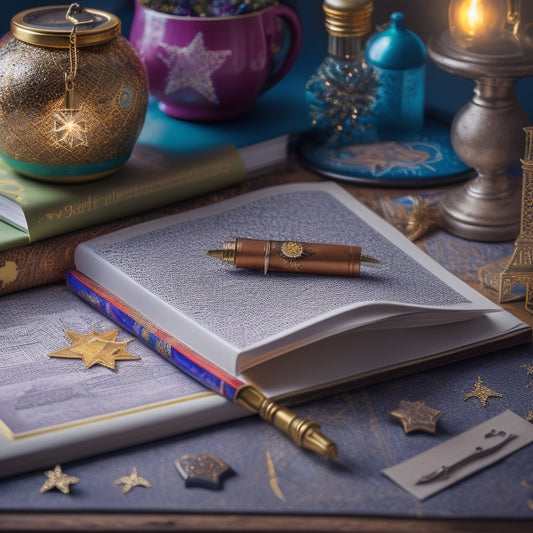 A whimsical, ornate journal lies open on a cluttered, vintage-inspired desk, surrounded by scattered papers, colorful pens, and a few loose, hand-drawn stars, amidst soft, golden lighting.