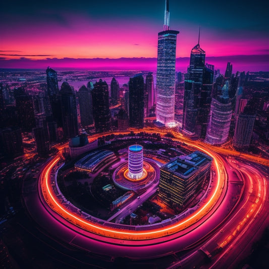 A dark, neon-lit cityscape at dusk, with sleek skyscrapers and bustling streets, featuring a giant, glowing vinyl record hovering above the city, radiating vibrant, swirling lights.