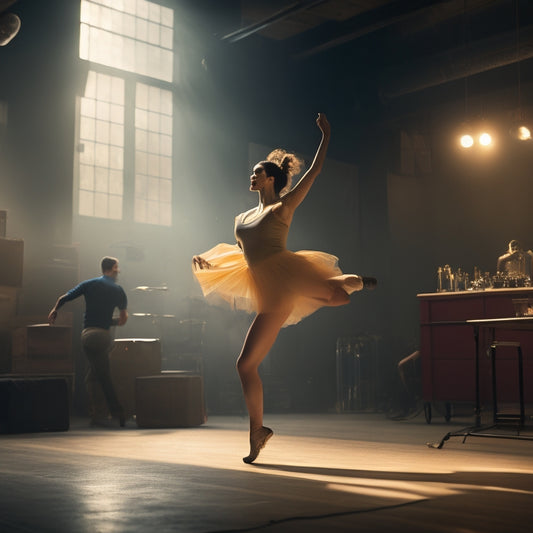 A dramatic, dimly lit dance studio scene with a dancer in mid-air, twisting ankle, and crashing to the floor, surrounded by scattered dance shoes and music sheets.