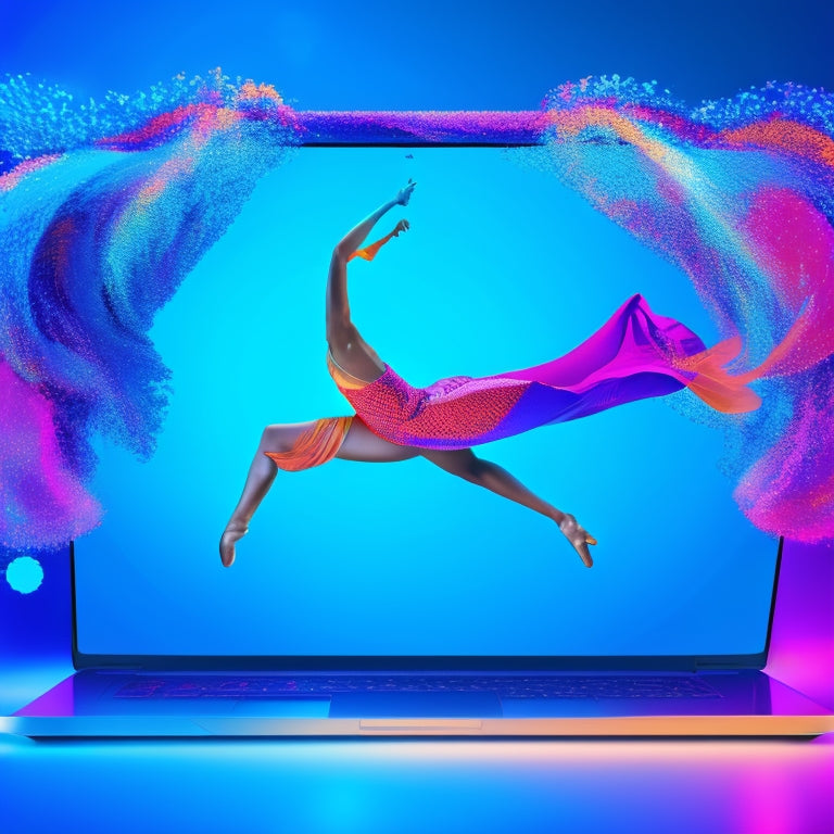 A whimsical illustration of a dancer's silhouette in front of a laptop, surrounded by swirling dance-inspired shapes and colorful digital icons, set against a bright, gradient blue background.