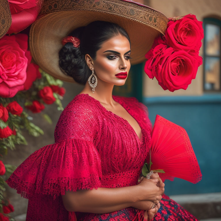 A vibrant flamenco dancer in a ruffled red dress adorned with black polka dots, her hair elegantly styled with a red rose, surrounded by traditional Spanish fans and intricate lace shawls, set against a rustic Andalusian backdrop.