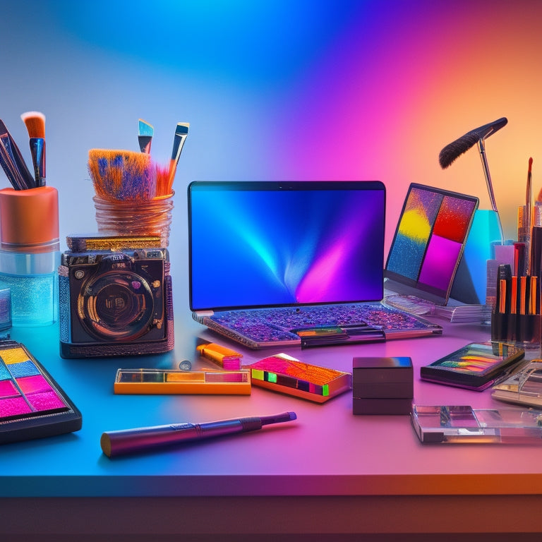 A vibrant, colorful illustration of a dance makeup artist's station, with brushes, palettes, and mirrors surrounded by laptops and smartphones, with dance-inspired makeup looks on screens.