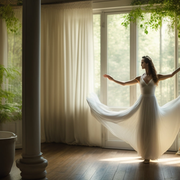 A serene, warm-lit dance studio with a calm, mature woman in gentle movement, her arms outstretched, surrounded by soft, flowing curtains and lush greenery, evoking relaxation and tranquility.