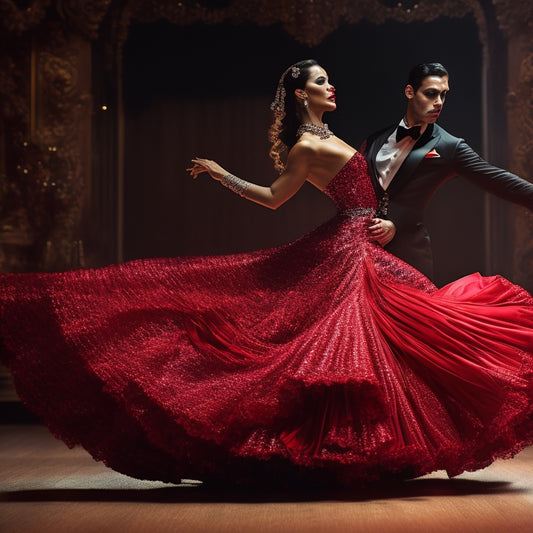 A vibrant tango skirt swirling mid-movement, showcasing rich fabrics in deep red and black, adorned with intricate lace and sequins, set against a softly lit ballroom with elegant dancers in motion.