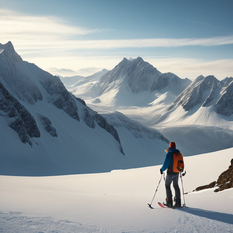 A serene landscape with a person standing in front of a large, blank, snow-covered mountain, with a pair of skis and a backpack at their feet, gazing up at the mountain's peak.
