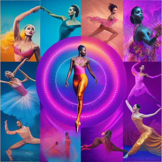 Vibrant poster featuring a collage of dancers in various styles: ballet, hip-hop, contemporary, salsa, and ballroom, set against a bright, gradient-colored background with swirling patterns and dynamic shapes.