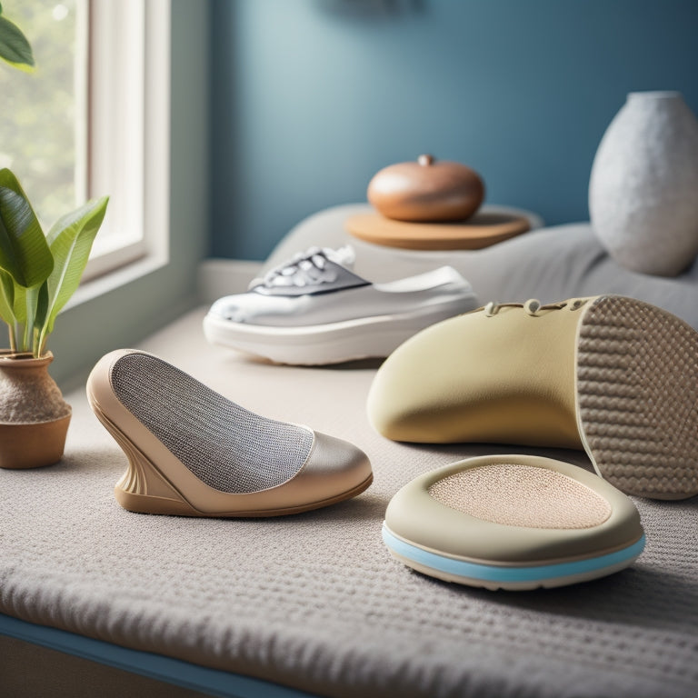 A serene scene of a foot resting on a soft, supportive arch cushion, surrounded by various shoe types, orthotic inserts, and anatomical diagrams, set against a calming background of light colors and natural textures.