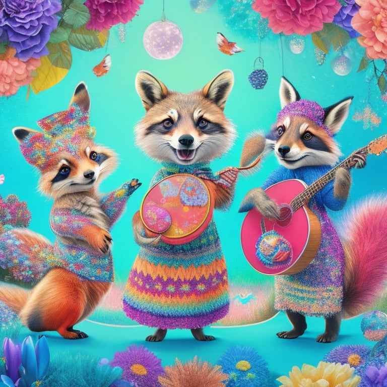 Vibrant, whimsical illustration featuring a joyful raccoon, a twirling fox, and a spinning rabbit, all dressed in colorful outfits, surrounded by swirling patterns, flowers, and musical notes.