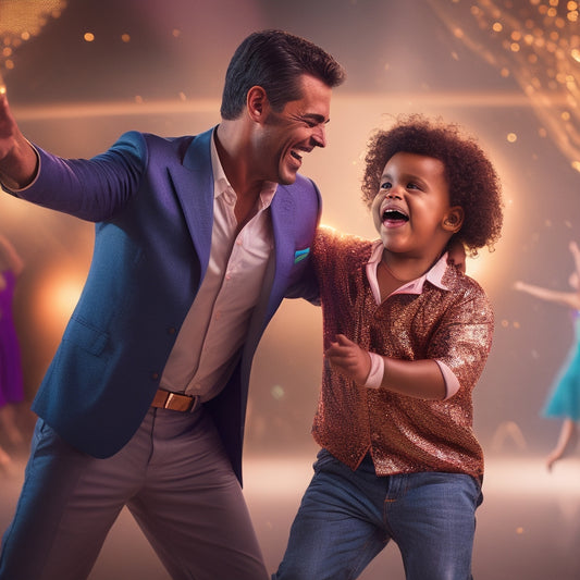 A playful illustration of a dad, mid-dance, with a cheesy grin, surrounded by swirling disco lights, with a father-son duo reflection in the background, mirroring the dance moves.