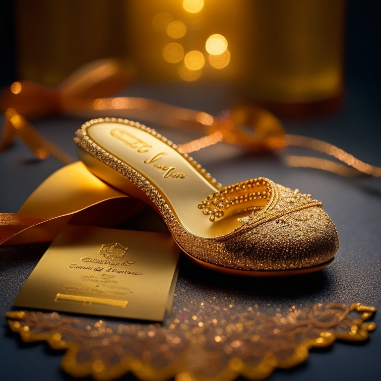 A golden ticket with intricate lace details, adorned with a delicate ballet slipper and a sprinkle of glitter, set against a soft, velvety black background with subtle stage lights.